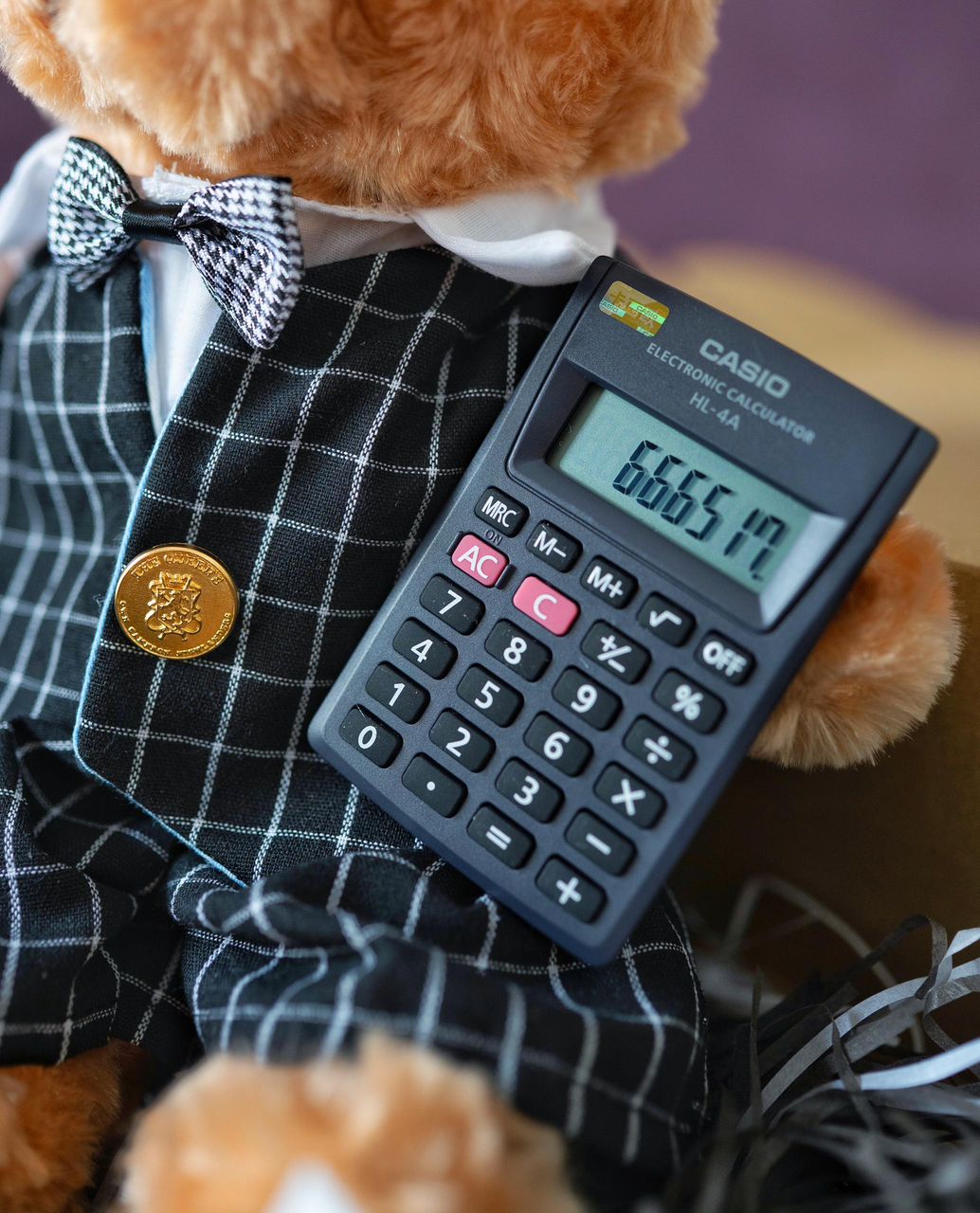 Accountant Bear — A charming handcrafted teddy bear in a sharp plaid suit, bow tie, and carrying a Casio calculator. Personalised with a name — the most unique gift for an accountant or finance graduate.
