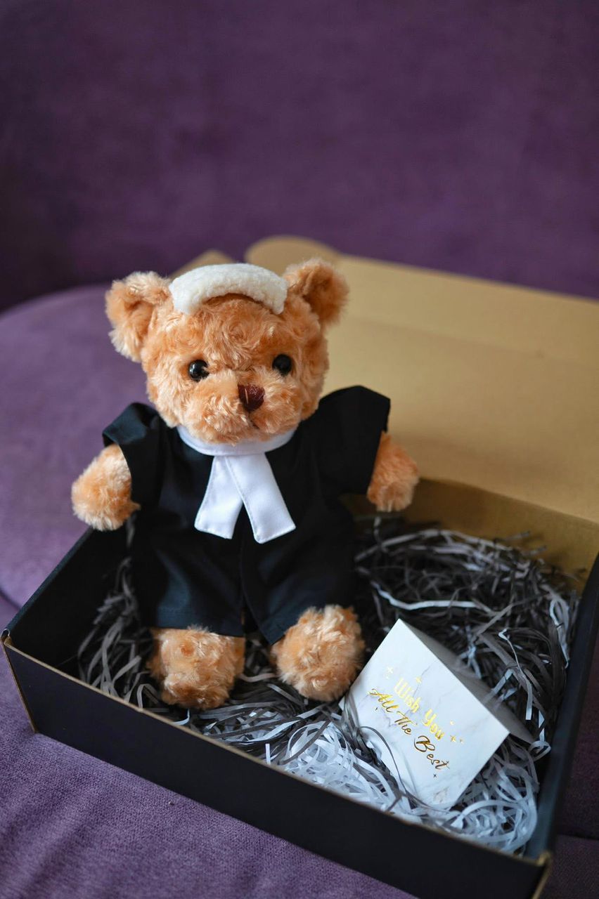 Lawyer Bear — A handcrafted teddy bear dressed in a tailored black lawyer's robe, crisp white bib, and authentic barrister's wig. Personalised with your recipient's name — a gift they will treasure for years.