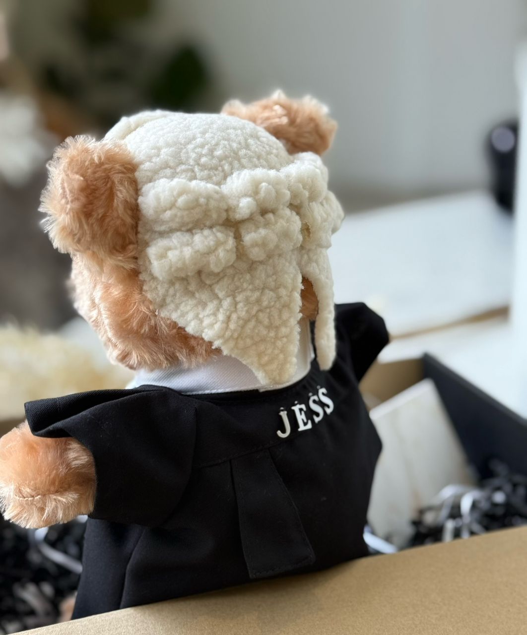 Lawyer Bear — A handcrafted teddy bear dressed in a tailored black lawyer's robe, crisp white bib, and authentic barrister's wig. Personalised with your recipient's name — a gift they will treasure for years.