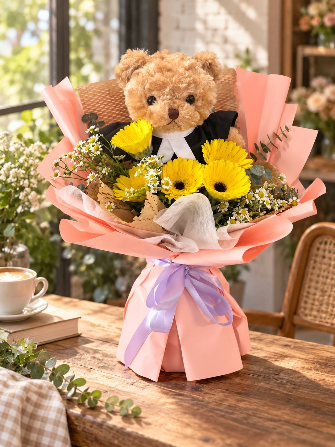 Lawyer Bear Bouquet — Celebrate success and new beginnings with the Lawyer Bear Bouquet, featuring a lovable bear paired with fresh yellow daisies and wrapping in warm colours. A thoughtful gift to honour a call to bar ceremony and wish someone a bright future.