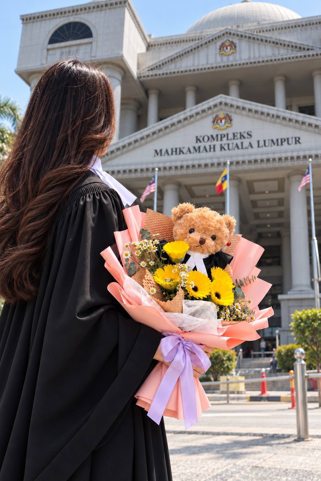 Lawyer Bear Bouquet — Celebrate success and new beginnings with the Lawyer Bear Bouquet, featuring a lovable bear paired with fresh yellow daisies and wrapping in warm colours. A thoughtful gift to honour a call to bar ceremony and wish someone a bright future.